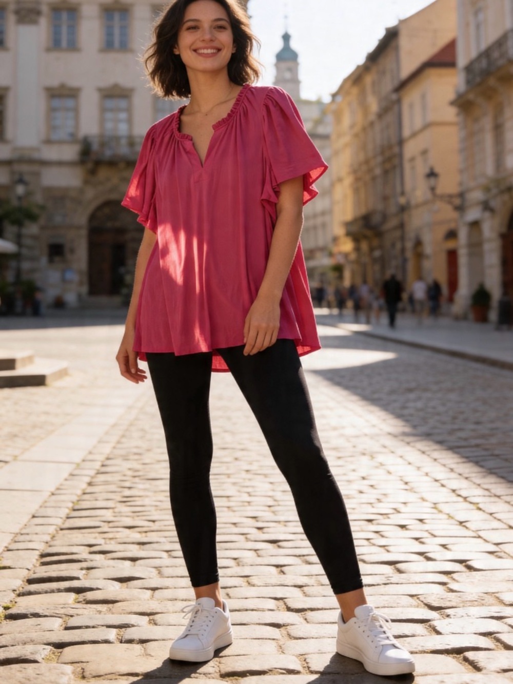 Lane Bryant Fuchsia Ruffle Neck, Flutter Sleeve, Blouse Flowy Top 26/28